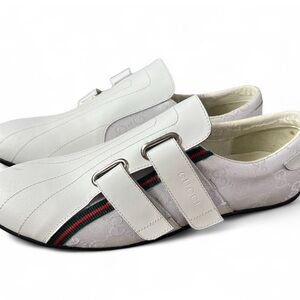 Gucci White Slip-On Loafers with Signature Stripe